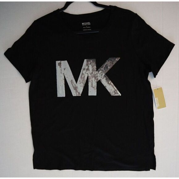 Michael Kors QH350C36TF Women's Sz L Black/Silver "MK" Sequin Logo T- Shirt - Picture 6 of 7